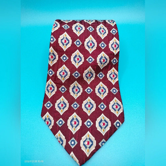 Countess Maria Silk Necktie Tie Red Maroon Blue Off White Geometric 58" x 4 - Picture 1 of 8
